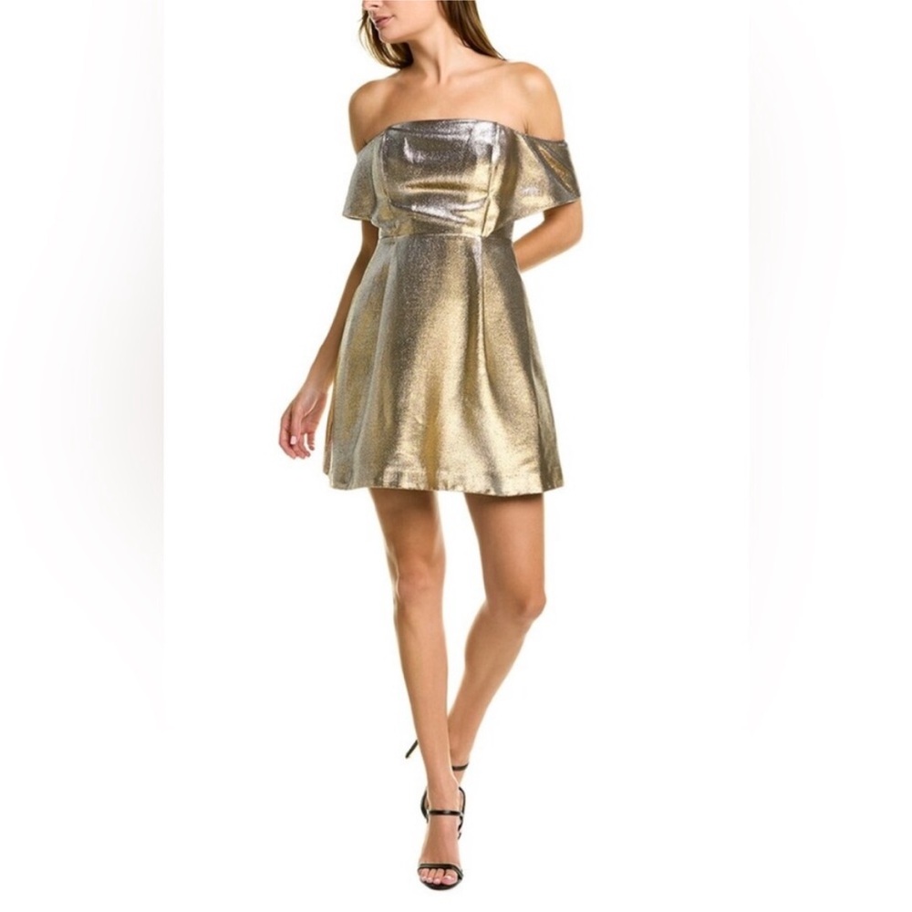 Sandro Off the Shoulder Gold Mini Dress